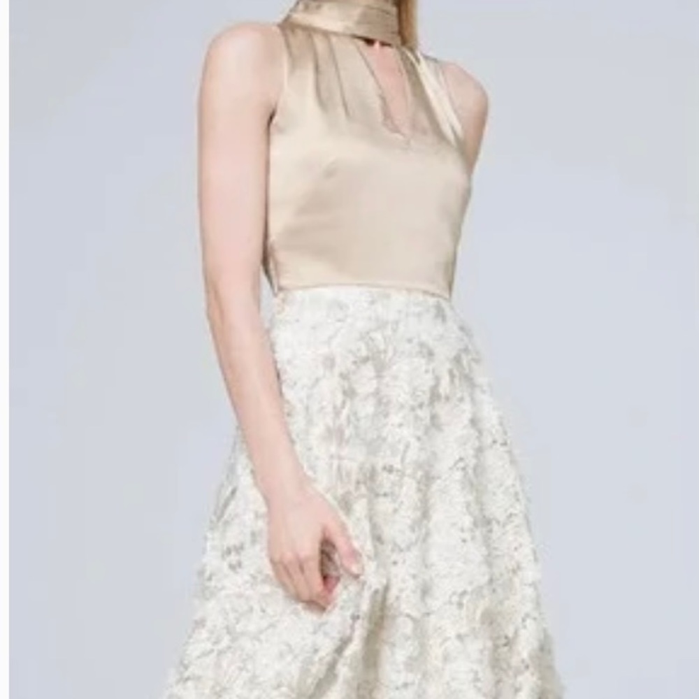 Fit-and-Flare Dress with Floral-Lace Appliqué
Color: Ecru/Biscotti